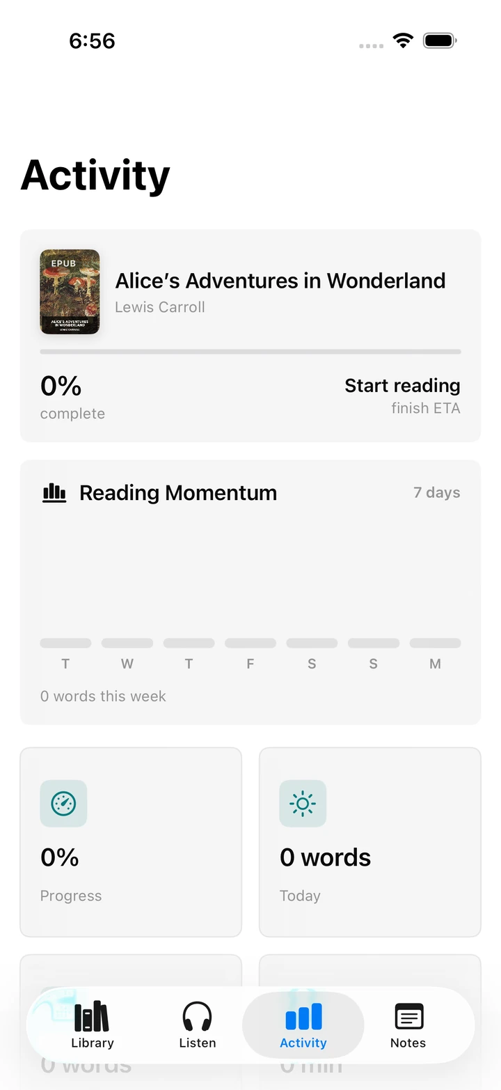 The Blubb Activity tab on iPhone showing reading momentum and progress tiles.