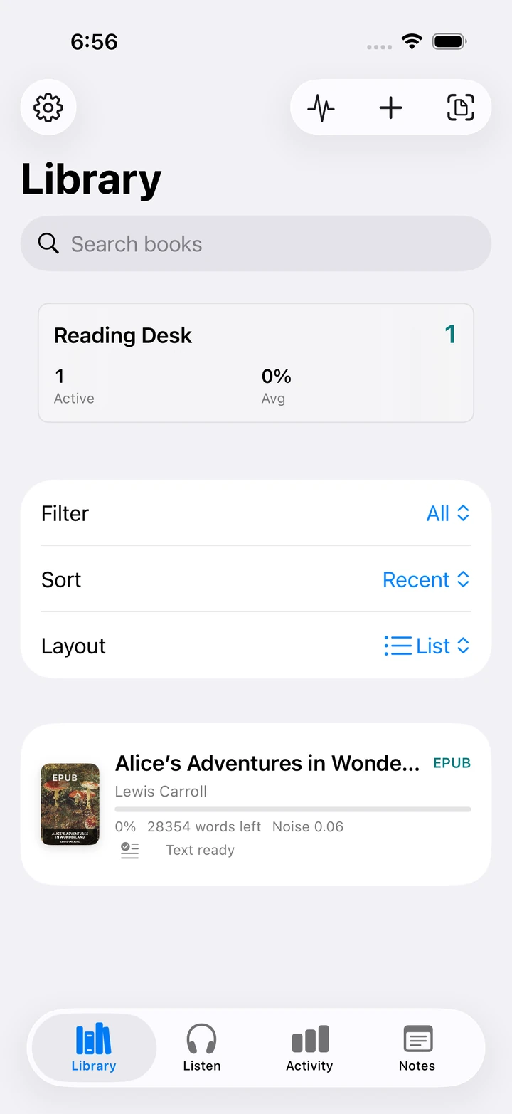 Blubb Library on iPhone showing the search field, filter, sort and layout controls, and the imported Alice’s Adventures in Wonderland EPUB.