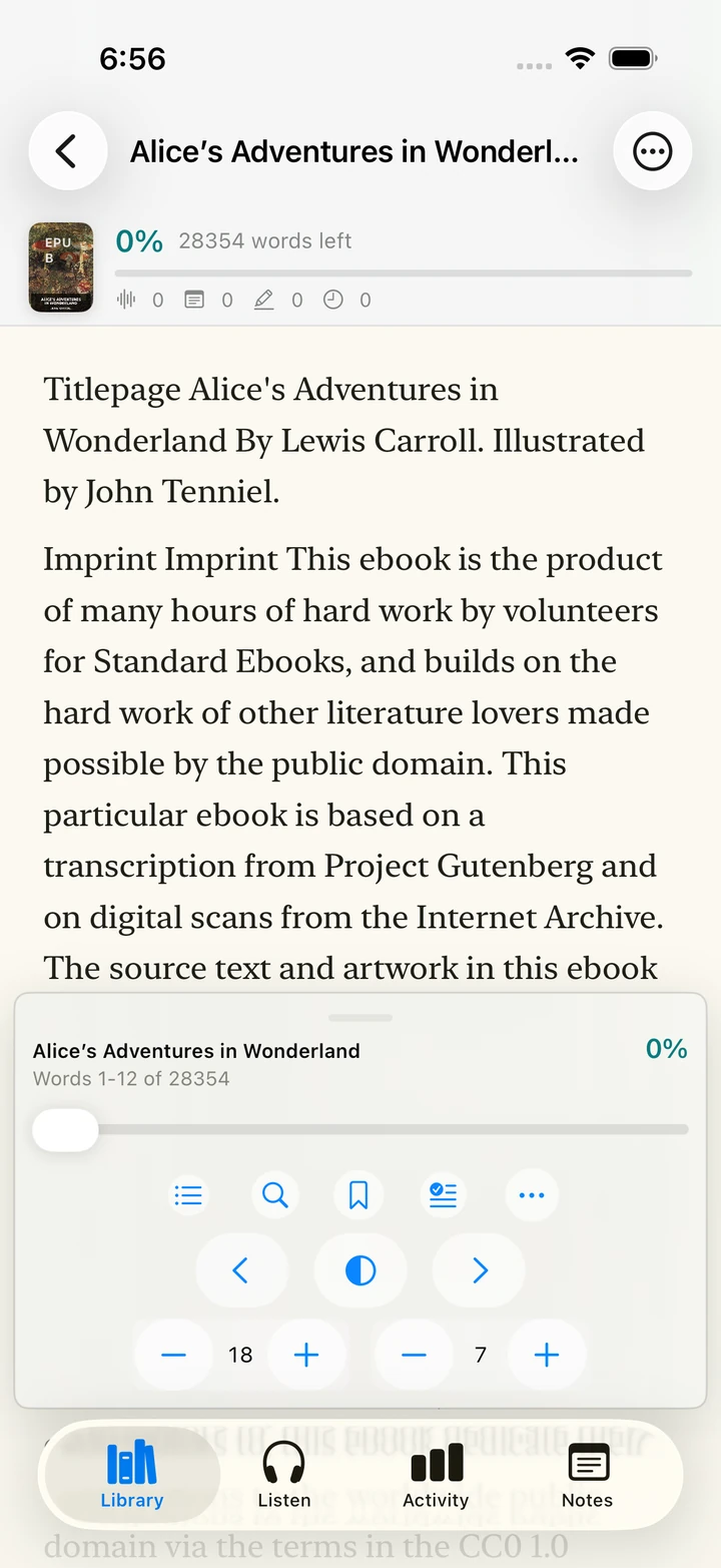 The Blubb reader on iPhone, open to the first page of Alice’s Adventures in Wonderland.