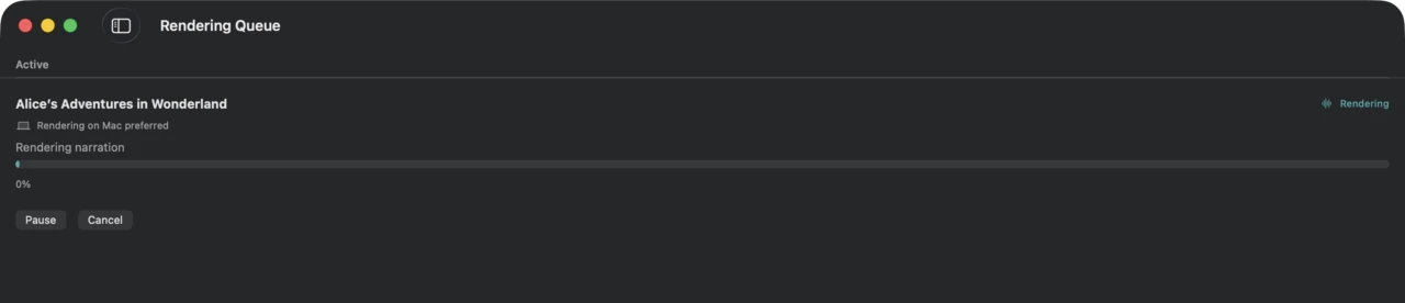 The Blubb Rendering Queue on Mac showing an active narration job rendering with pause and cancel controls.